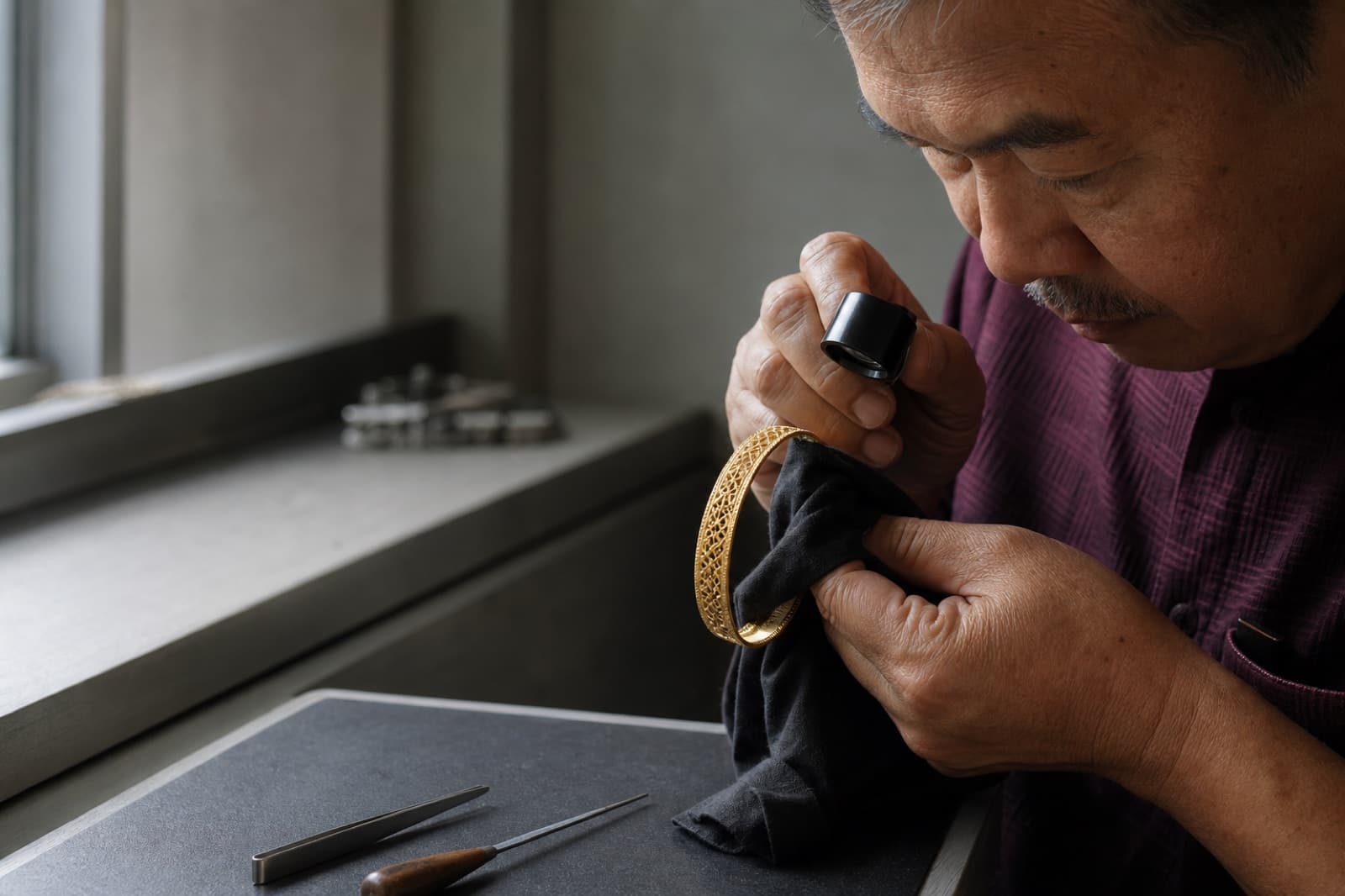 Jeweller inspecting the finish of a 916 gold bracelet